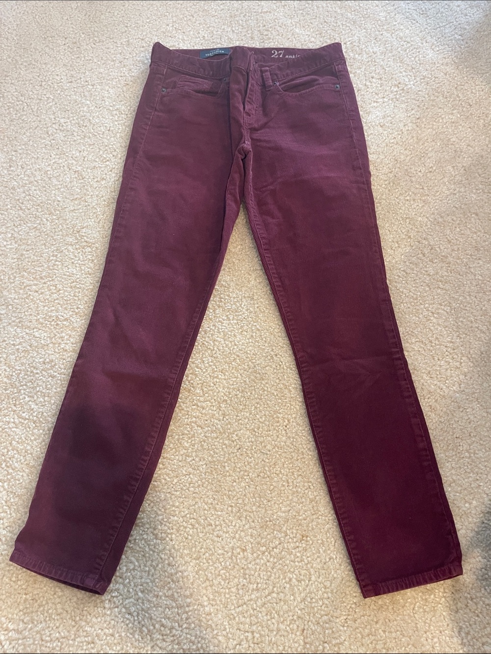 J.Crew Burgundy Toothpick Corduroy Ankle Pants Size 27
